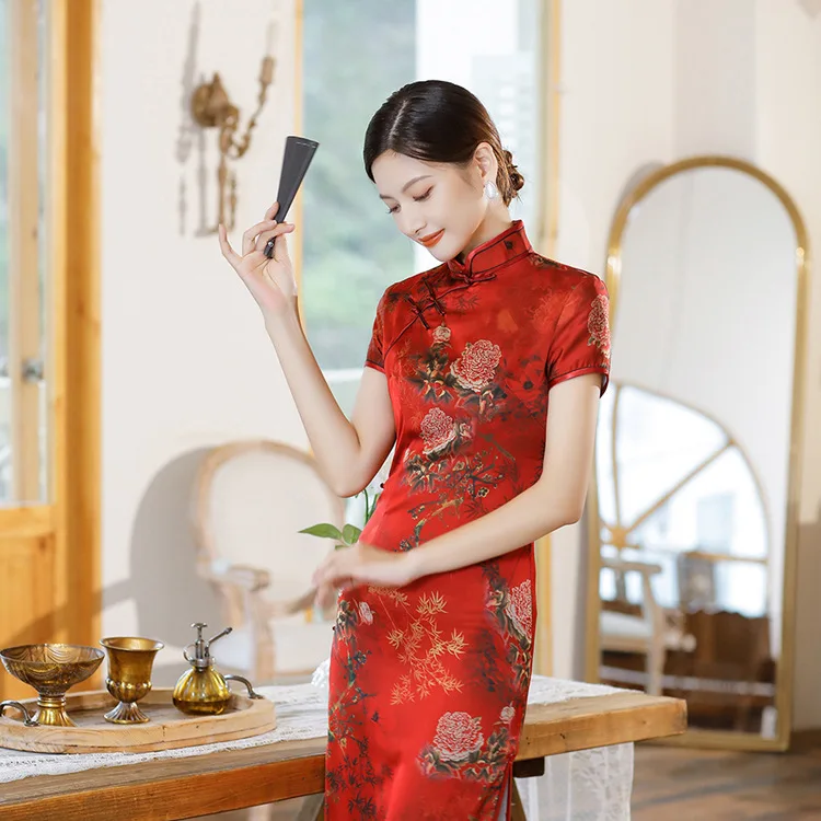 แขนสั้น Qipao หญิงพิมพ์ดอกไม้ซาตินชุดราตรีจีนแบบดั้งเดิม Vintage สูงแยกยาว Cheongsam Vestidso