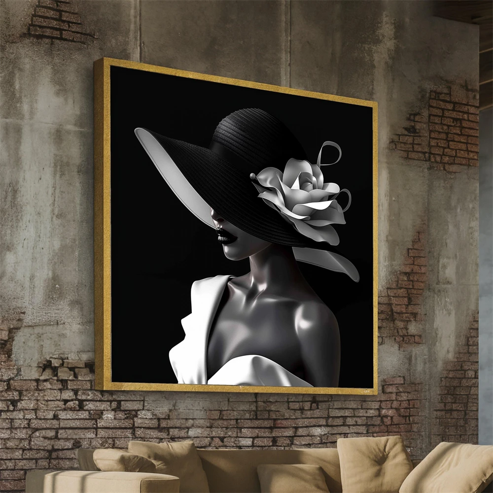 Black and White Elegant Fashion Portrait Canvas Wall Art Prints Modern Woman Illustration Glamorous Face Art Poster Decoration