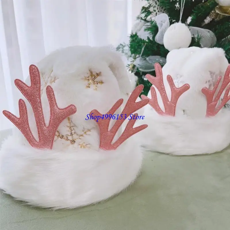 

Q0KE Funny Christmas Party Hat Plush Santa Costume with Deer Horn for Kid Women