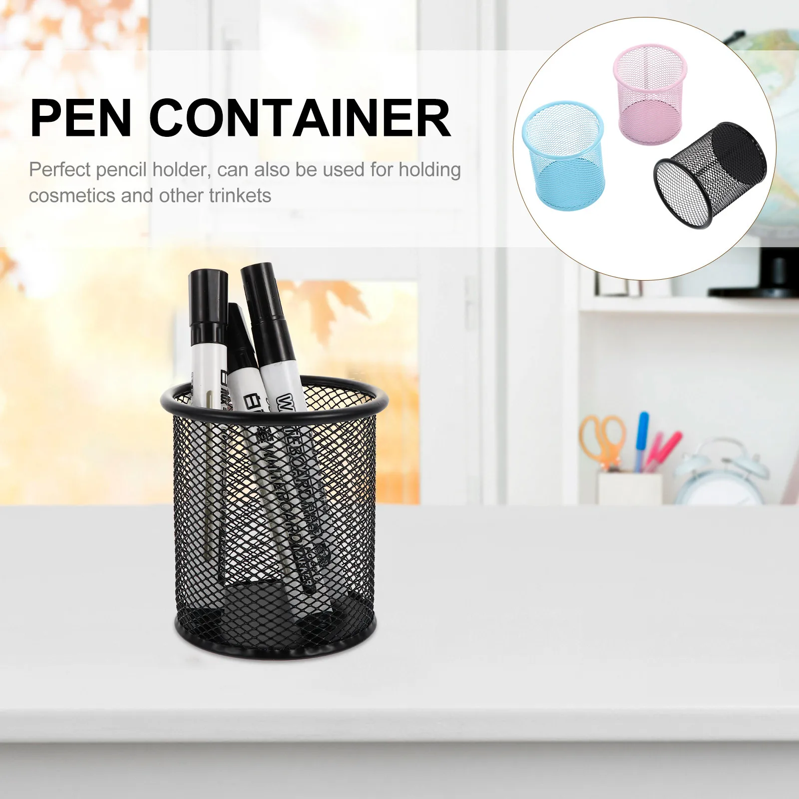 3Pcs Round Metal Pencil Pot Heavy Duty Desktop Organizer Holds Pens Pencils Erasers Scissors Rulers Cosmetics Trinkets Pen