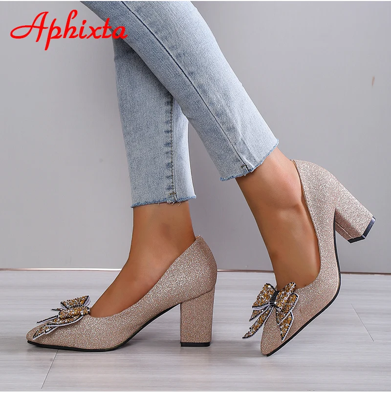 Aphixta New Appliques 7cm Square Heel Shoes Women Pumps Bling Butterfly-knot Flowers Officile Pointed Toe Super Big Size 49 50