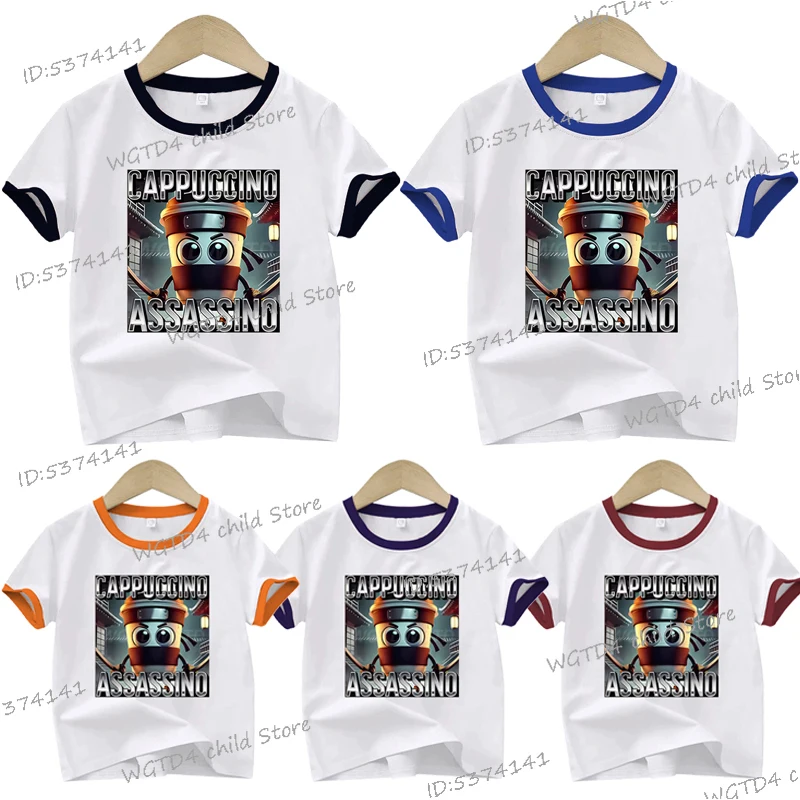

Boys Girls T-shirts Cappuccino Assassin Italian Brainrot Meme Funny T Shirts Cotton Kids Clothes Boys Italian Brainrot Cool Tops