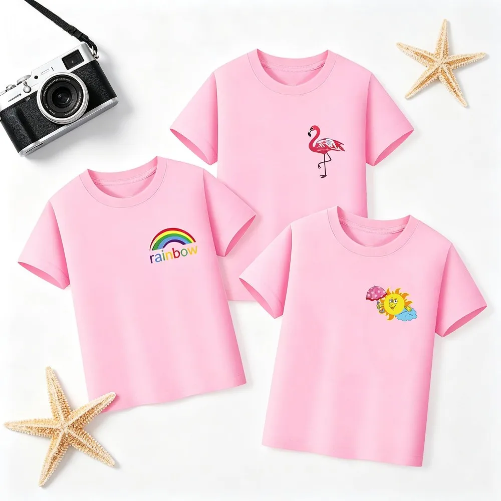 100% Cotton Girls T Shirts Teenagers Kids Toddler 1 to 2 3 4 5 6 7 8 9 10 11 12 13 14 Years Rainbow Flamingo Tshirt Pink Clothes