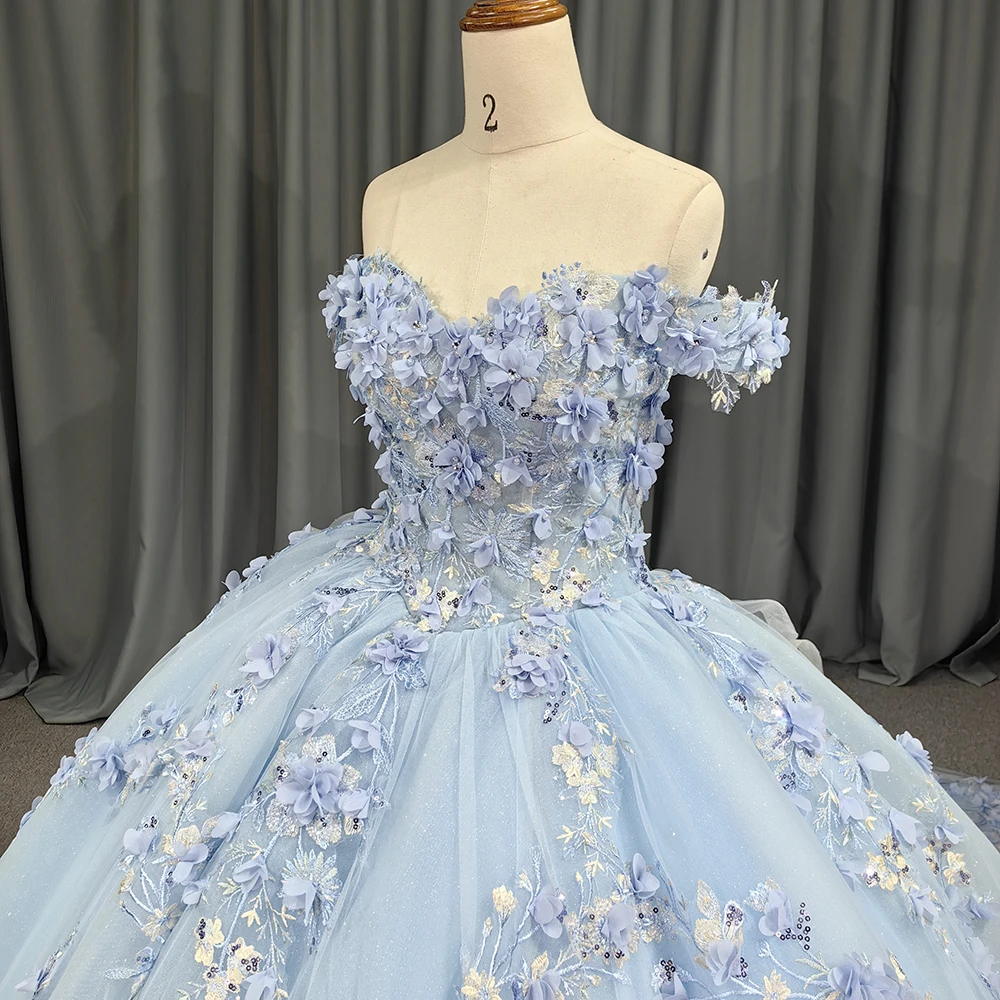 Light Sky Blue Quinceanera Dresses Ball Gown Off Shoulder 3D Rose Flowers Puffy Sweet 16 Dress Party Gowns 5834-1