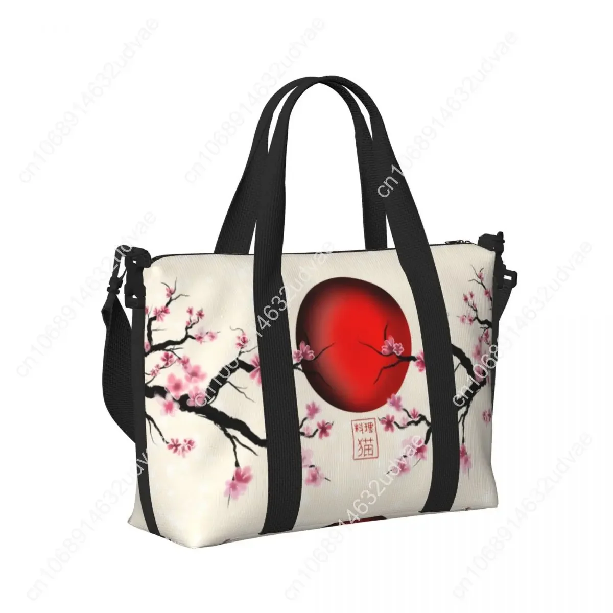 Tas Tote Wanita Motif Bunga Sakura Jepang Kustom Dengan Gambar Matahari Merah Terbit, Kapasitas Besar, Tas Bahu Untuk Gym, Pantai, dan Perjalanan