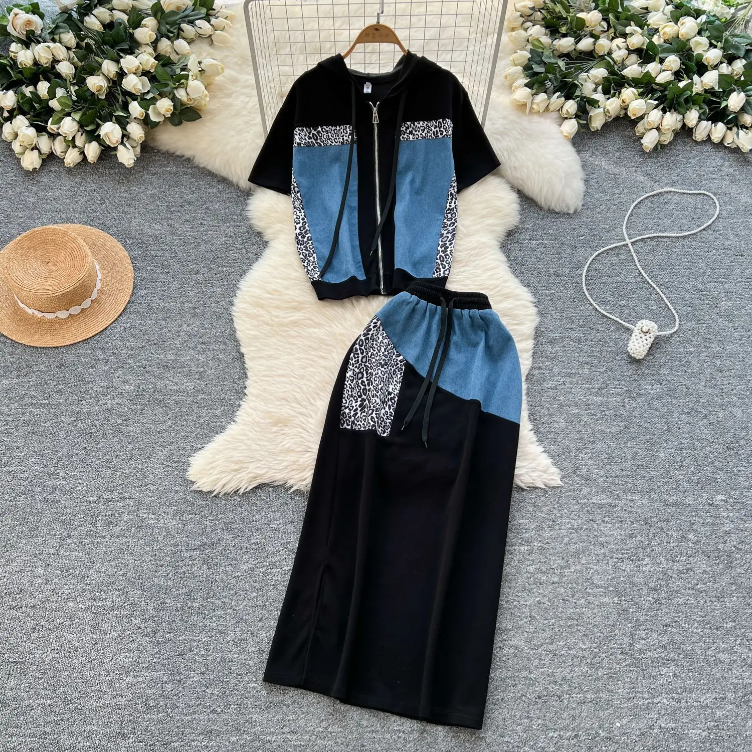 

Women Two Piece Sets Skirt Set Leopard Print Short Sleeve Tops Long Skirts Wrap Hip High Waist Y2k Streetwear Elegant Splice