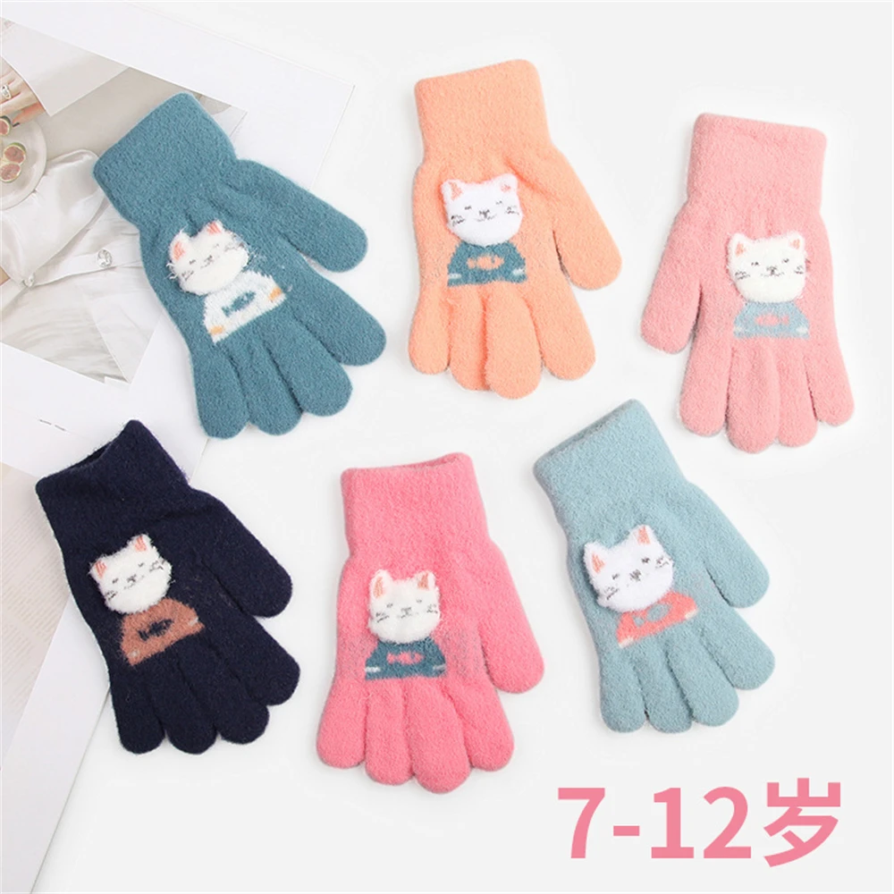 7-12-year-old children's new winter knitting wool warm cute cartoon kitten sticky flower finger cold gloves ST-6045