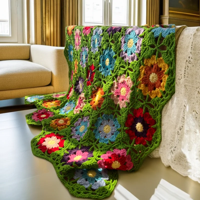 Handmade Granny Square Crochet Throw Green Blanket Sweater Style Year Round Gift Travel Accent for Sofa Home Decor