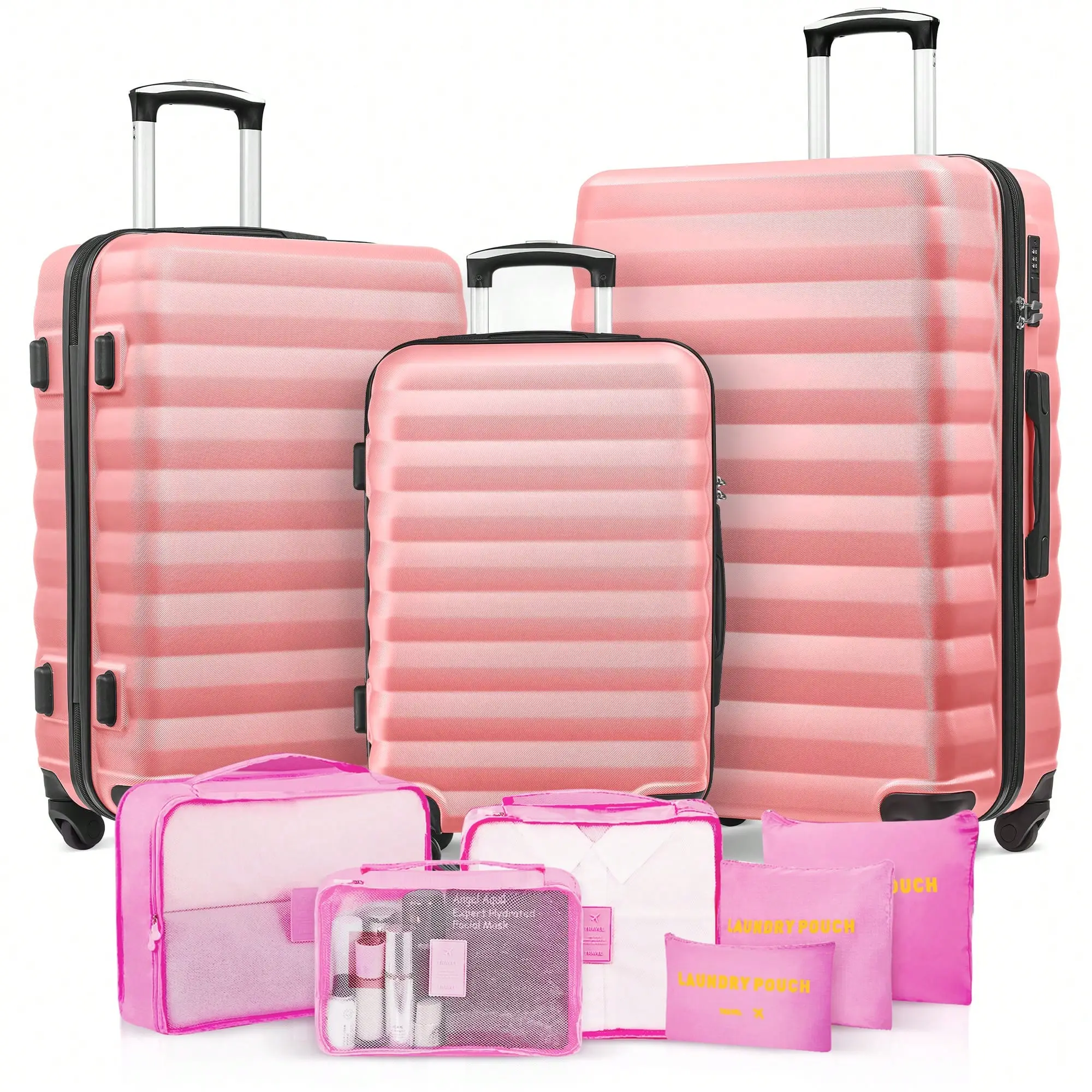 3 Piece Luggage Set With 6 Packing Bags, ABS Durable Suitcase With Spinner Wheels, Travel Luggage Set For Women (20/24/28 Inch) ,Perfect For Vacation.