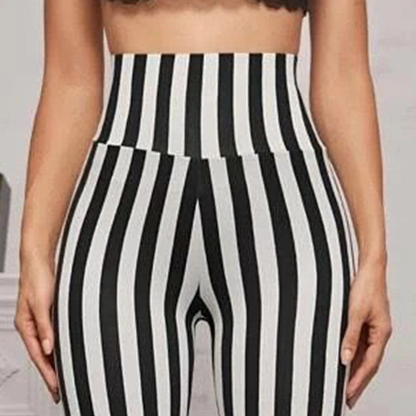 European And American Black And White Striped High-waisted Nine-point Leggings Fashion High-stretch Skinny Nine-point Pants