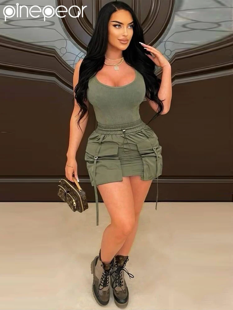 

PinePear 2025 Summer Women High Waisted Cargo Mini Skirts Drawstring Casual Solid Color A-Line Short Skirt with Big Pockets