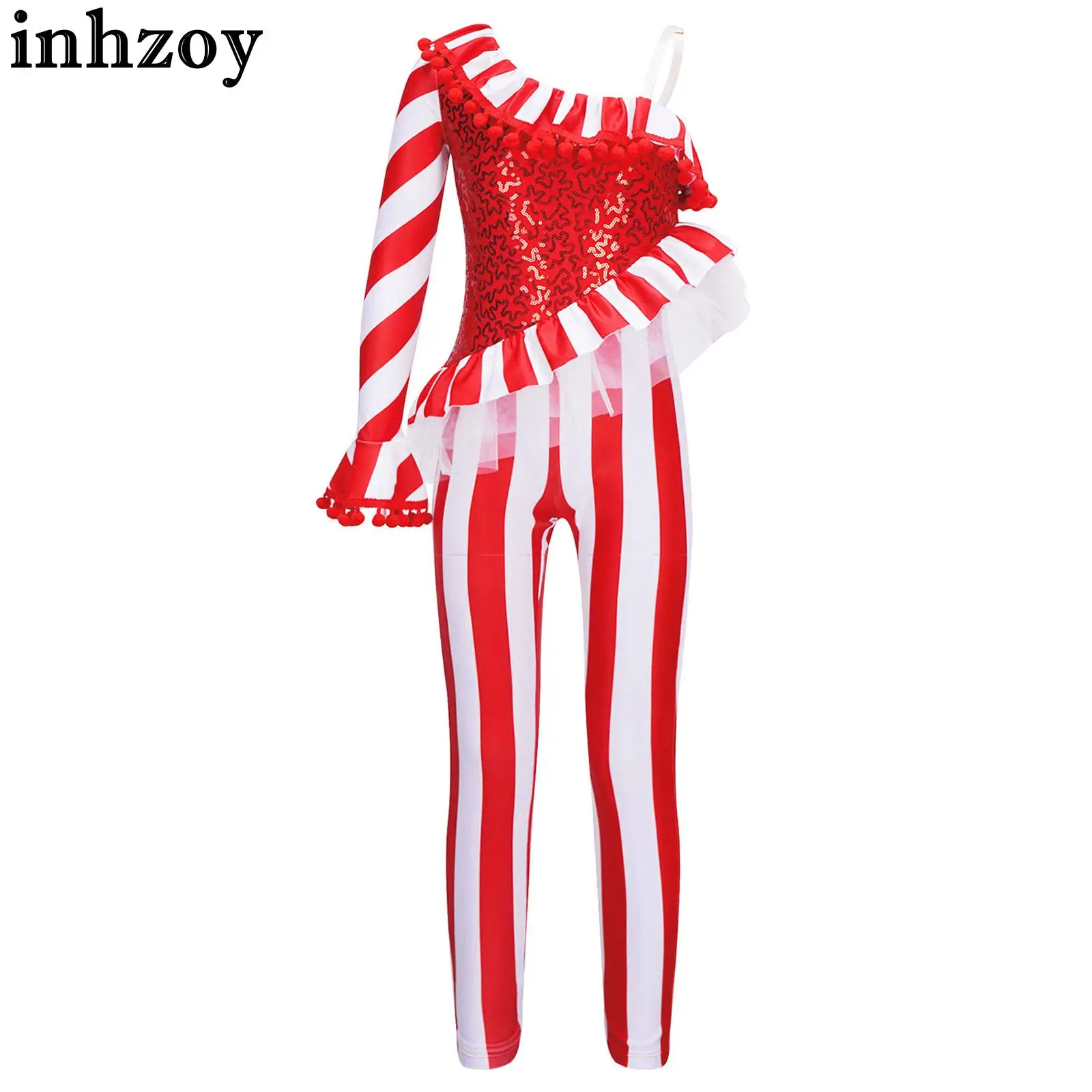 

Kids Girls Christmas Bodysuit One Shoulder Sequins Stripe Candy Cane Unitard Jumpsuit Xmas Carnival Party Performance Dancewear