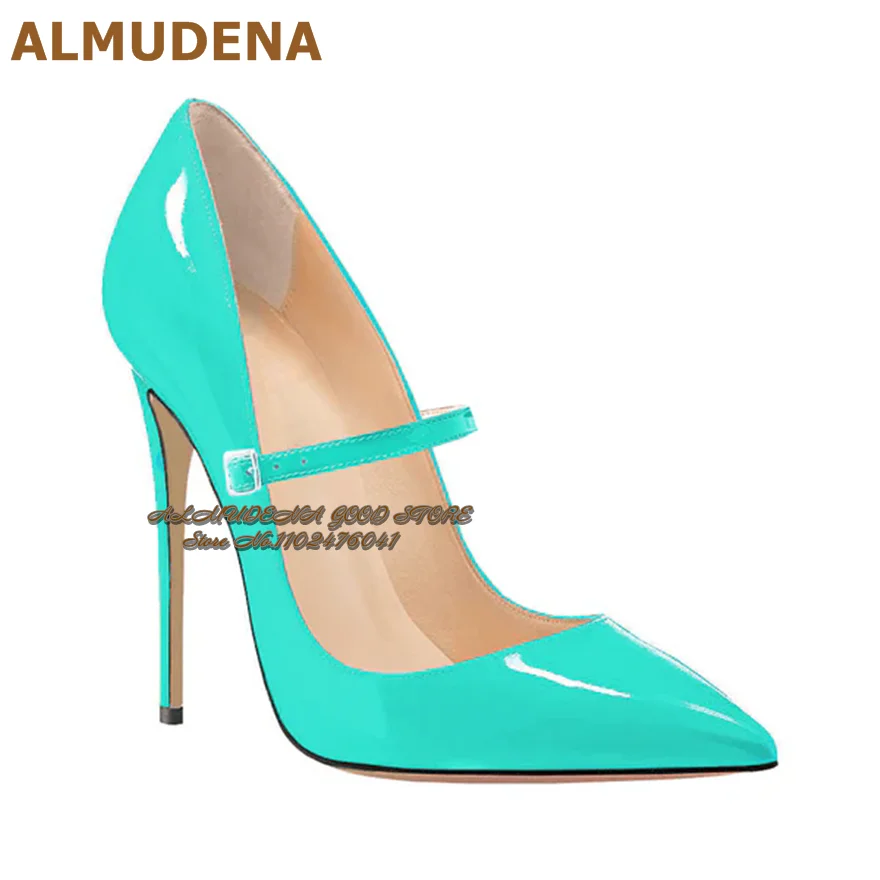 

ALMUDENA, бирюзовые блестящие зеркальные кожаные модельные туфли-лодочки на высоком каблуке, банкетные туфли с острым носком и пряжкой на ремешке, 12 см, 10 см, 8 см, туфли на шпильке