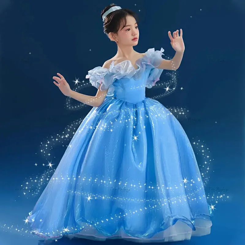 Princess Cosplay Costume for Toddler Girls 3 To 6 12 Years Kids Birthday Party Blue Dress Elegant Dresses Long Luxury 2023 Gown