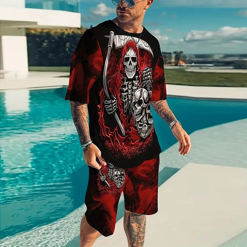 2024 Men\'s Suit Printed 3D Skull Pattern Oversized Men\'s Shirt Y2K Style T-Shirt Shorts Summer Leisure Sports Men\'s Running Suit