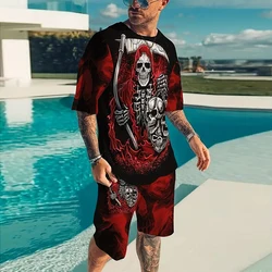 2024 Men's Suit Printed 3D Skull Pattern Oversized Men's Shirt Y2K Style T-Shirt Shorts Summer Leisure Sports Men's Running Suit