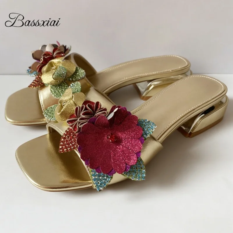 

Красочные женские мюли с пайетками и стразами в форме цветка, летние шлепанцы с открытым носком, лаконичный стиль, для повседневной носки