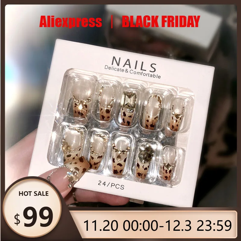 

24Pcs Leopard Print Press-on Nails Medium Oval French Pearl Chain Flashing Diamond False Nail for Women&Girl Wearable Nail Art