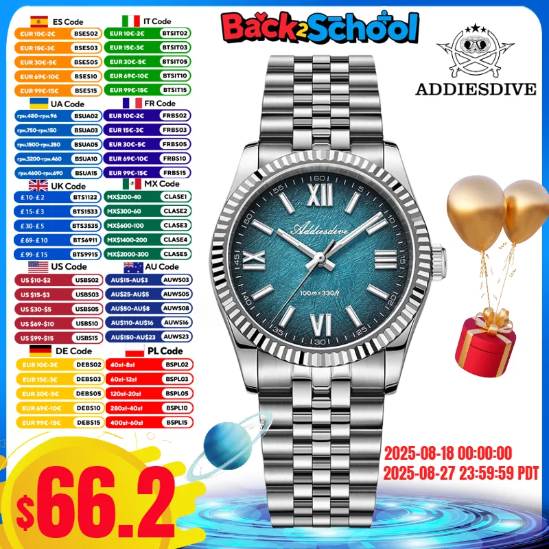 Addiesdive 36 مللي متر AD2512 ساعة للرجل الياقوت الزجاج اليوبيل حزام 10Bar مقاوم للماء VH31 حركة BGW9 مضيئة ساعة كوارتز