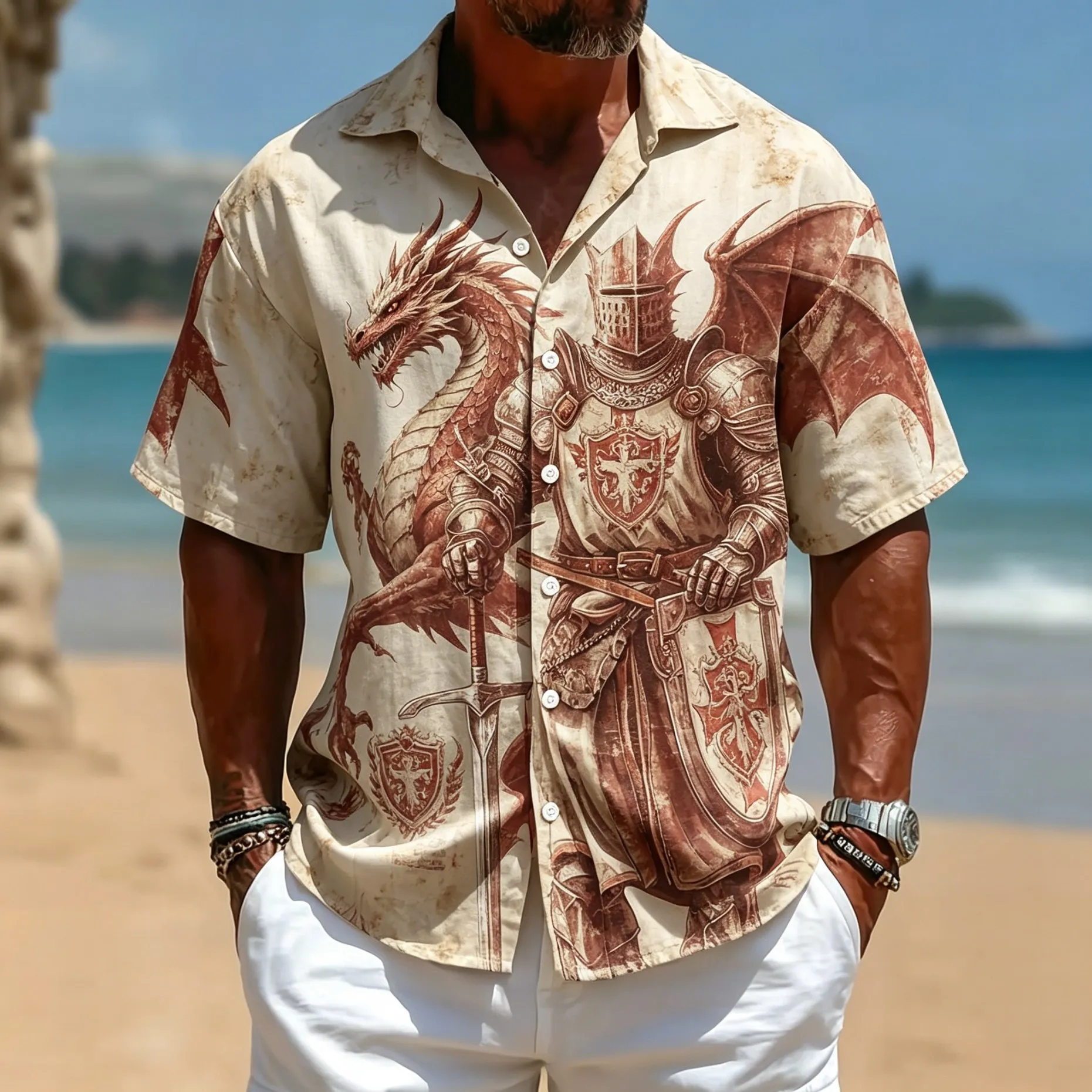 

Men's Vintage Dragon Knight Print Short Sleeve Shirt Medieval Armor Sword Graphic Casual Cuban Collar Top for Spring & Summer