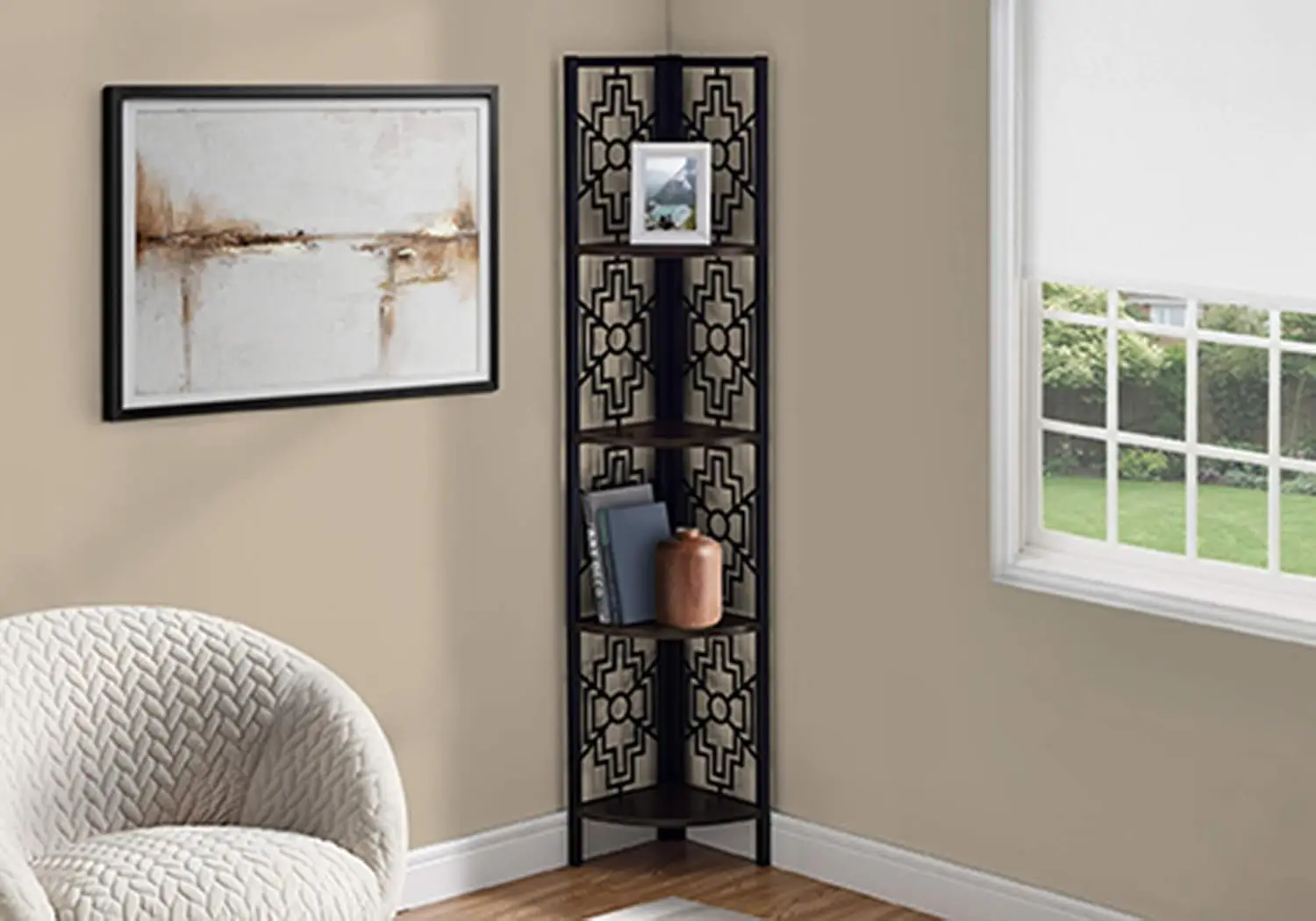 Geometric Design Corner Bookcase With Black Metal Frame - Espresso, Customized