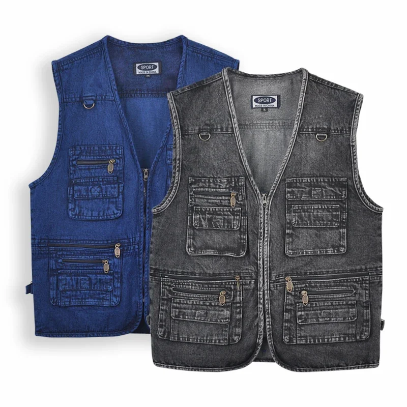 

Autumn Men's Jeans Vest Coatmulti-pocket V-neck Fishing Sleeveless Coat Truck Driver Bicycle Denim Jacket Mountaineering Vest