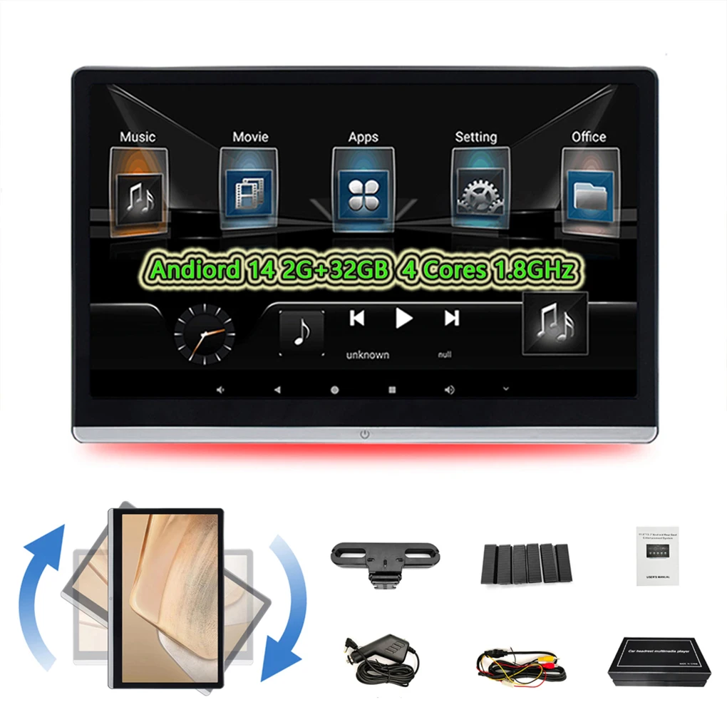 4K Car Headrest Display 2G 32GB 14 Inch HD IPS Car Multimedia Touch Screen External Headrest Android System Rotatable Monitor