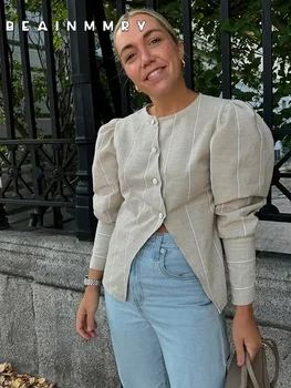 Chic Bubble Sleeveไม่สม่ําเสมอปุ่มเอียงเสื้อElegant OคอลายSlitเสื้อลําลอง 2025 ฤดูใบไม้ผลิฤดูร้อนใหม่Commuter Top