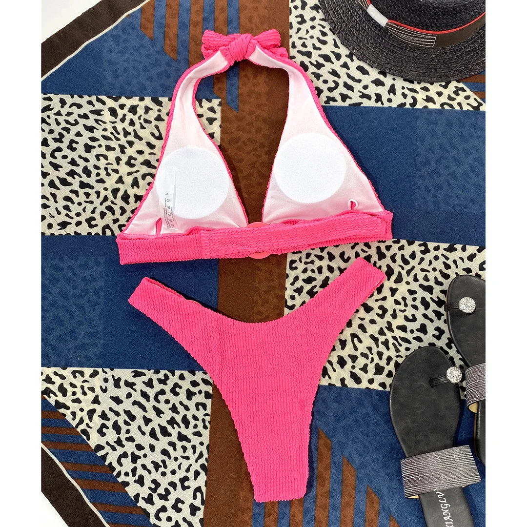Halter Bikini mit Falten, Damen-Badeanzug, zweiteiliger Bikini-Set, brasilianischer Badeanzug, Badebekleidung, Modell V2922 – Detail 32