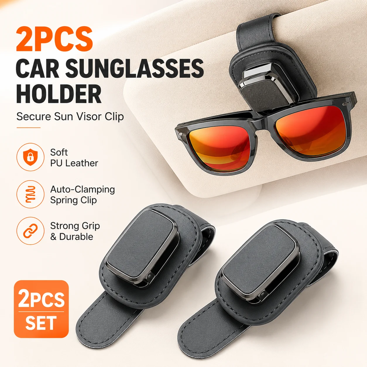 2Pcs Car Sunglasses Holder for Sun Visor, PU Leather Auto Glasses Clip, One Touch Spring Eyeglasses Hanger, Universal Car Visor