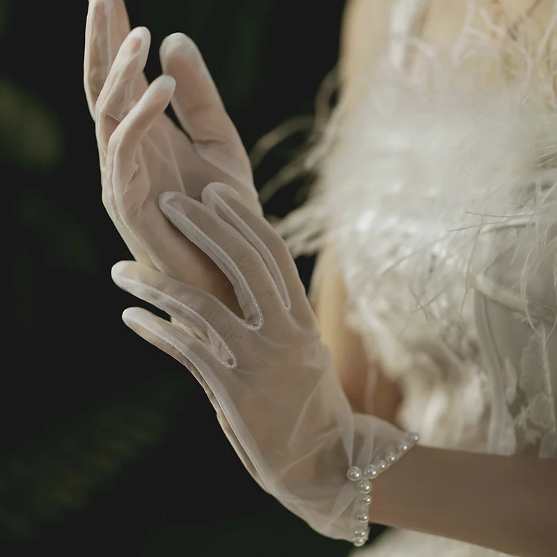 Guantes de novia de súper Hada, hermoso y Simple, hilo de Pengpeng, hilo blanco, Bowknot, accesorios de mano de fotografía de estudio, nuevo