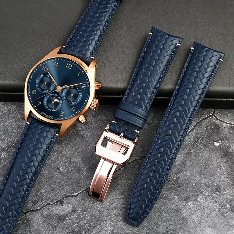 Woven Genuine Leather Blue Black Watchband For IWC IW344205 Portuguese Chronograph Pilot Portofino Folding Buckle Straps 22mm