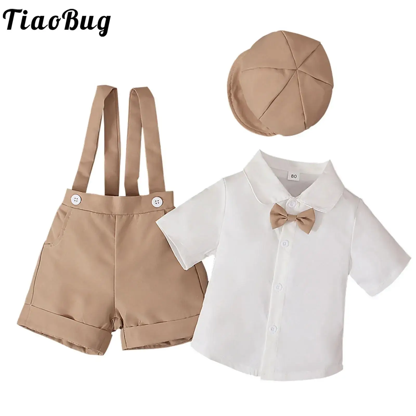 

Kids Baby Boys Summer Gentleman Suits Formal Wedding Birthday Party Outfits Short Sleeves Bow Tie Shirt with Suspender Shorts