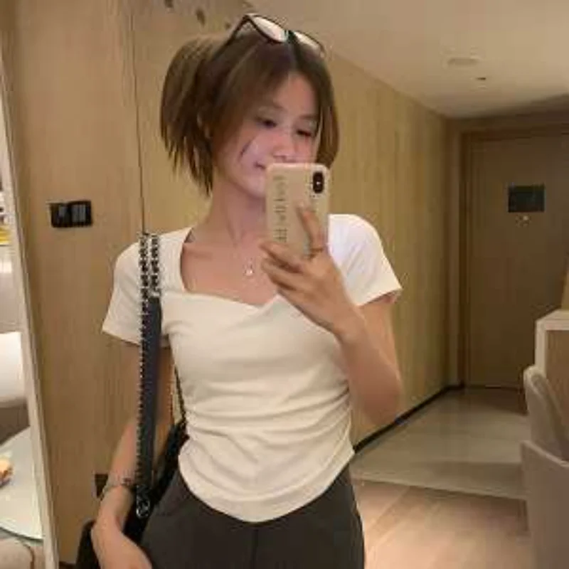 Reine Baumwolle Plissee Herz-ausschnitt Kurzarm T-shirt für Frauen Sommer Neue Schlanke Einfarbig Schlüsselbein Top