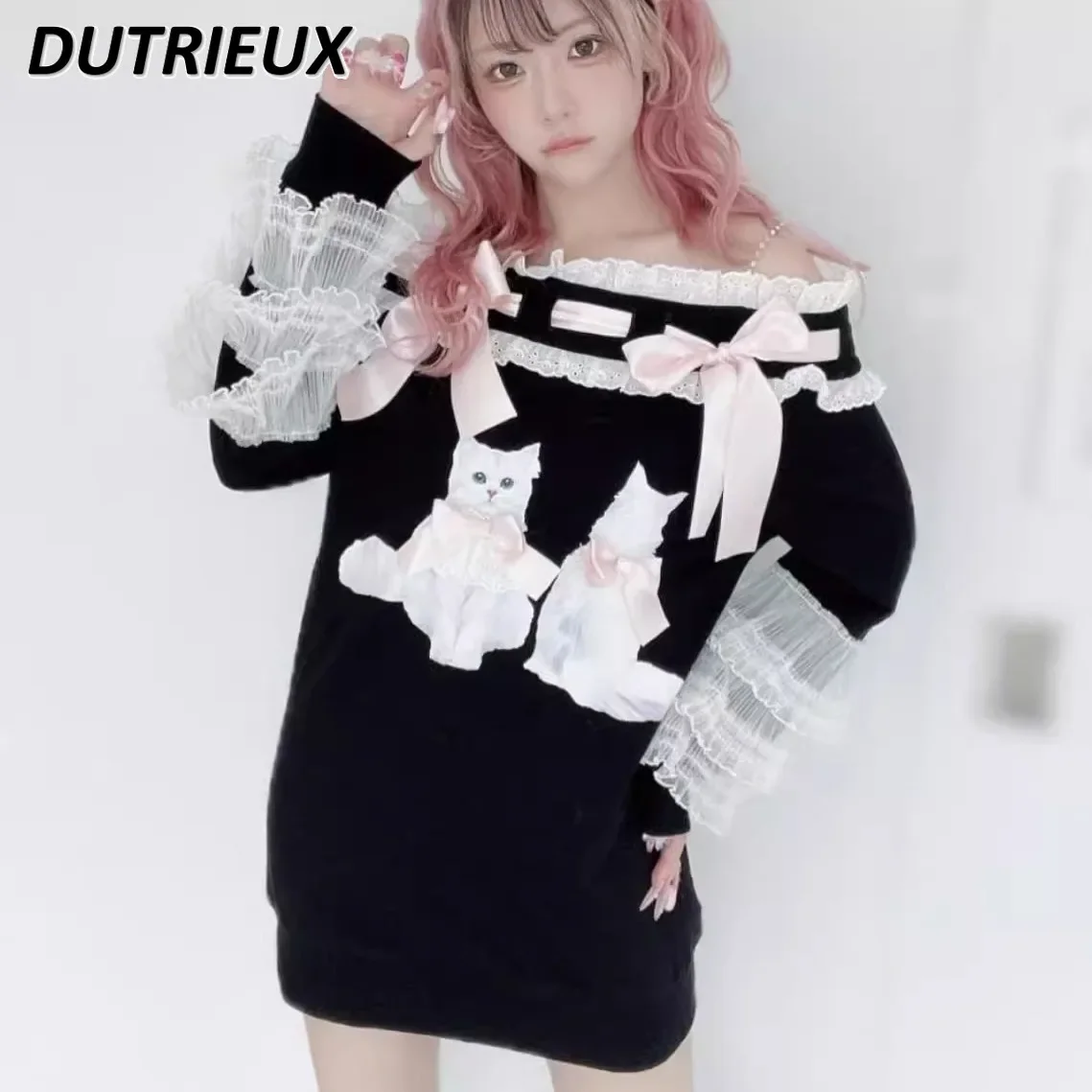 

Spring Sweatshirt Japanese Sweet Cute Girls Printed Bow Off-the-shoulder Horn Long-sleeved Jumper Mid-length Loose Female