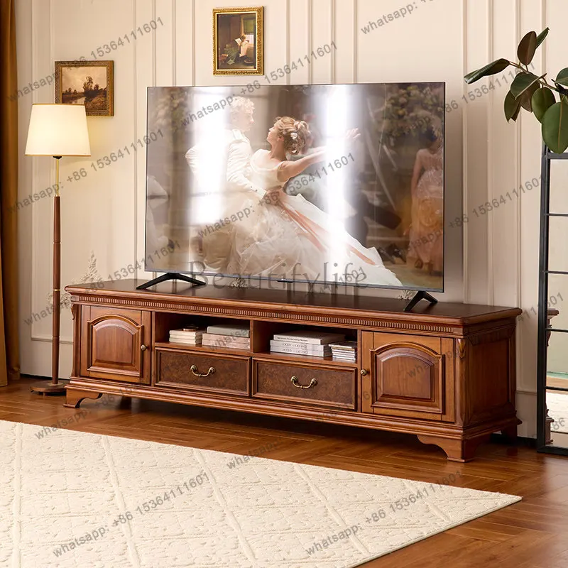 

French retro solid wood TV cabinet medium and ancient style storage and storage integrated cabinet