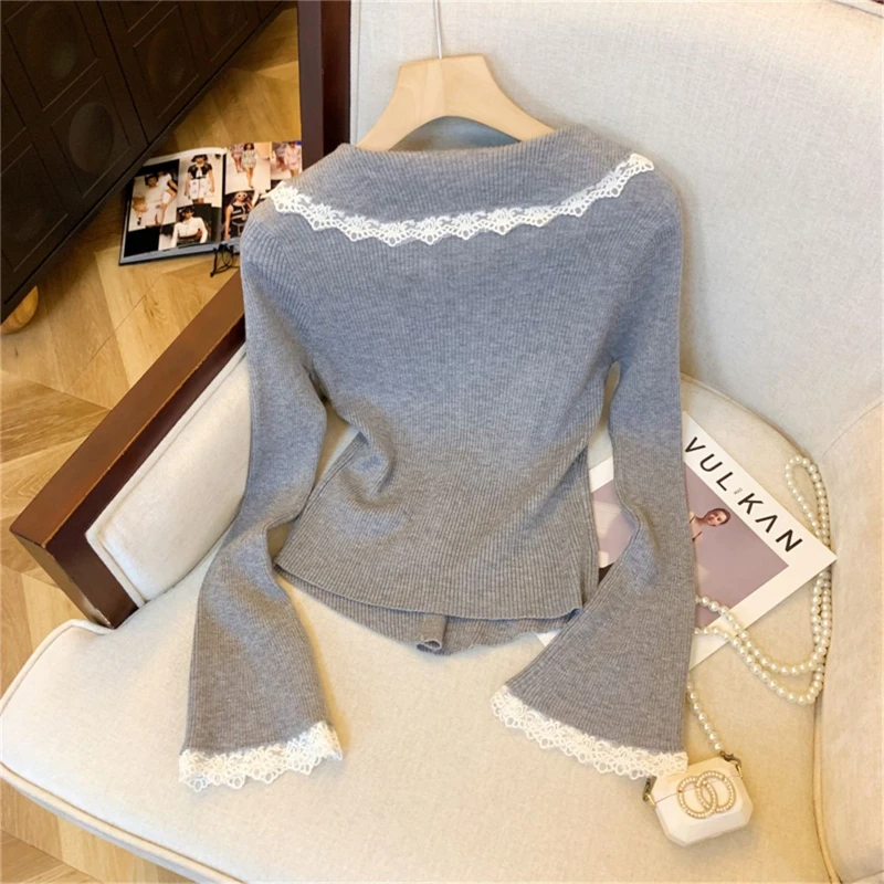 ฤดูใบไม้ผลิฤดูใบไม้ร่วงใหม่ Turn-Down คอยาวแขนยาวแฟชั่นเสื้อกันหนาวผู้หญิง High Street Casual Slim ปุ่มเสื้อสเวตเตอร์ถัก Elegant Lace Tops