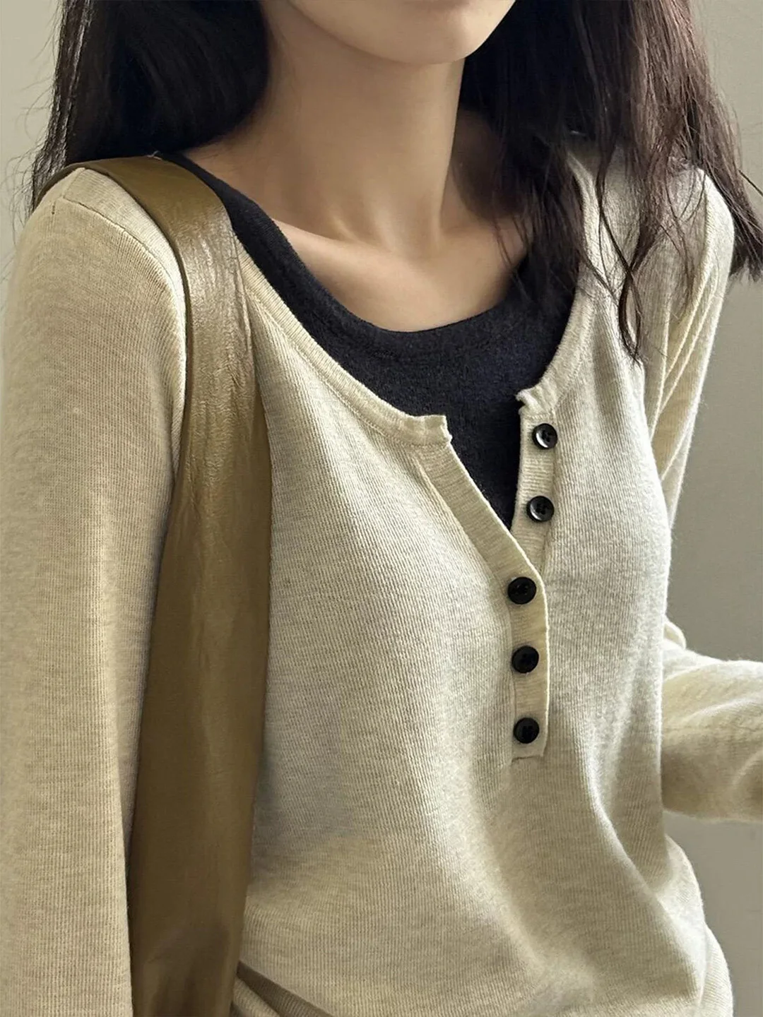 French Style Slim Fit Knitted Sweater Women's Autumn Fashion Henry Collar Fake Two-Piece Color Block Design Casual Wear