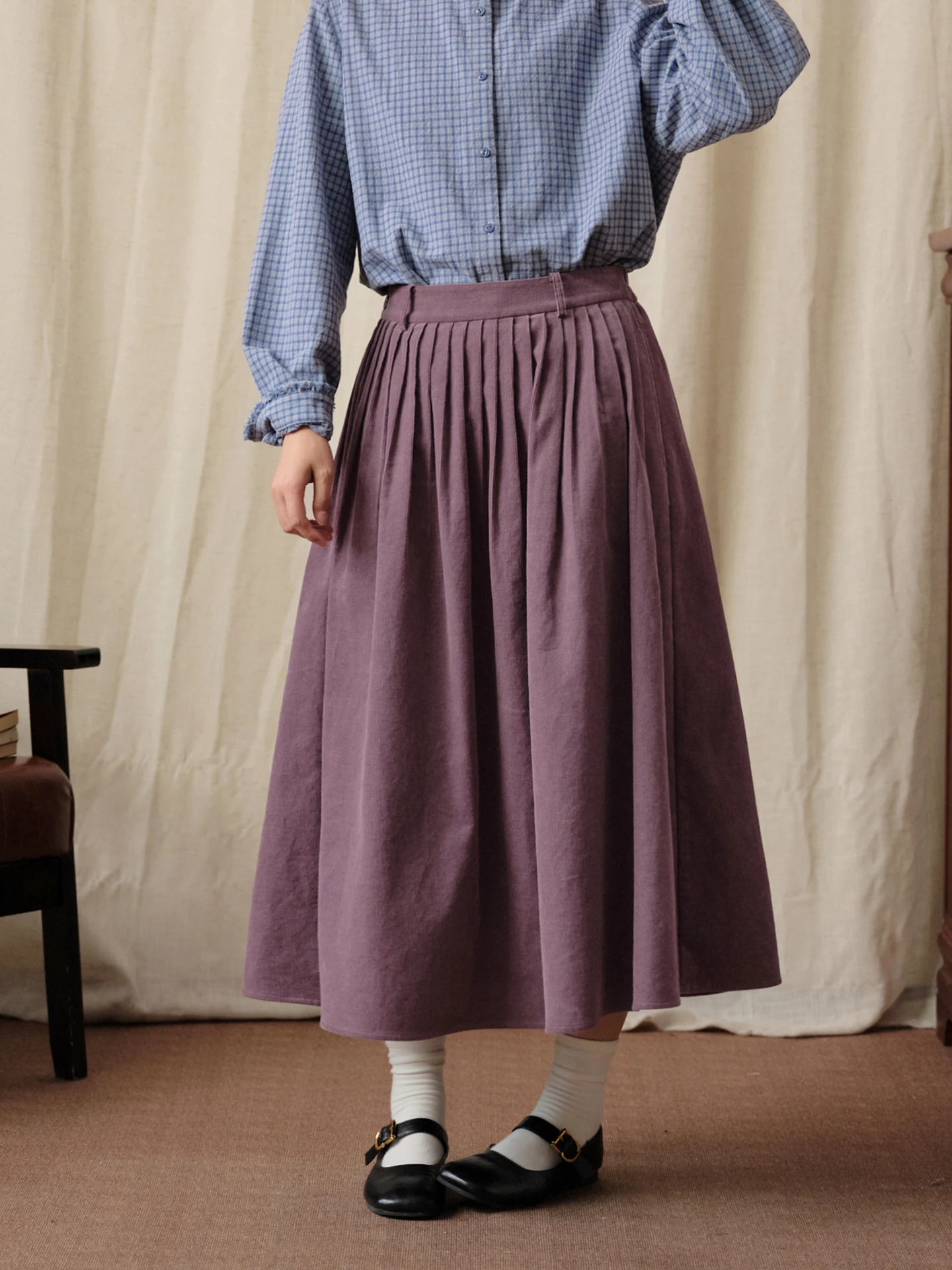 Original Cotton Fluffy Light Purple Corduroy Pleated Half Skirt Women's Loose A-Line Skirt Autumn Season Elegant Style