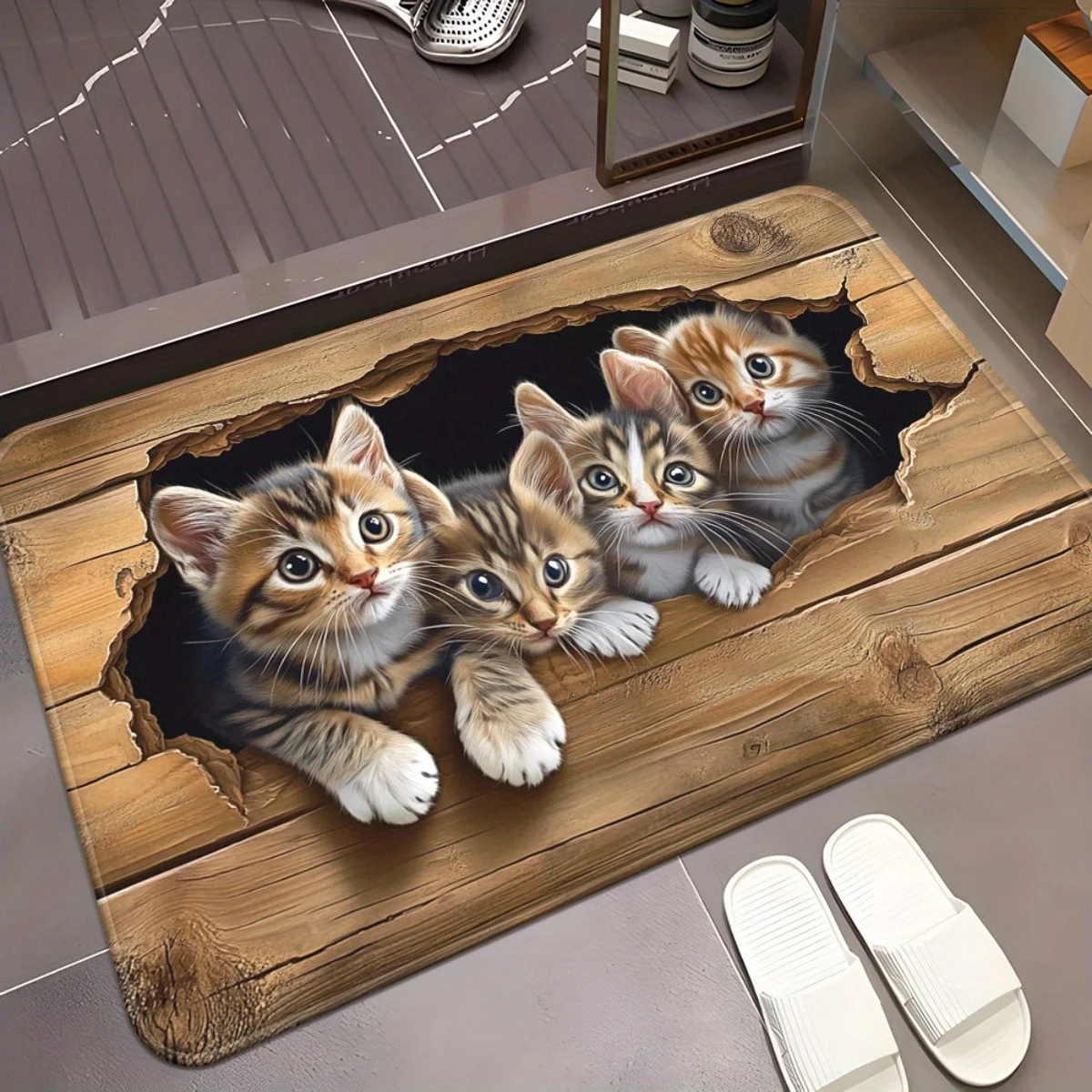 

Cute Kitten 3D Bedside Rug Flannel Non Slip Soft Bedroom Floor Mat