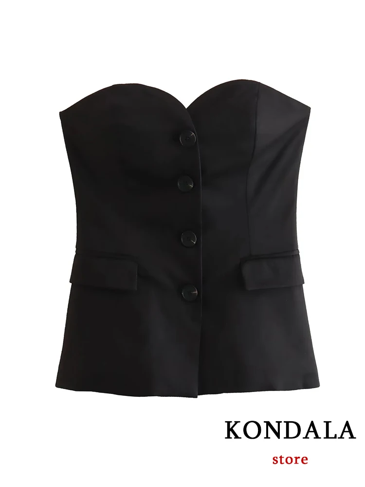 KONDALA Sexy Black Tube Tops Suits Women Corset Buttons Pockets Slim Tops+High Waist Split Flare Pants Fashion 2024 Summer Sets