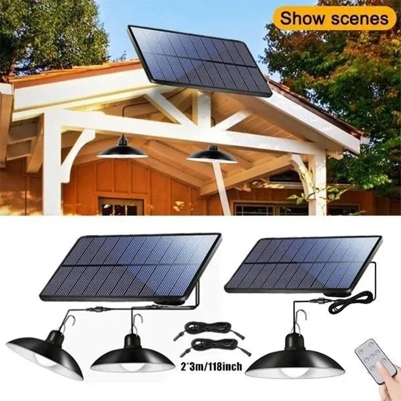 

Solar Chandelier Outdoor, Waterproof LED Lamp Double-head Pendant Light Decorations with Remote Control for Indoor Shed Barn Roo