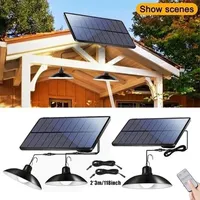 Solar Chandelier Outdoor, Waterproof LED Lamp Double-head Pendant Light Decorations with Remote Control for Indoor Shed Barn Roo