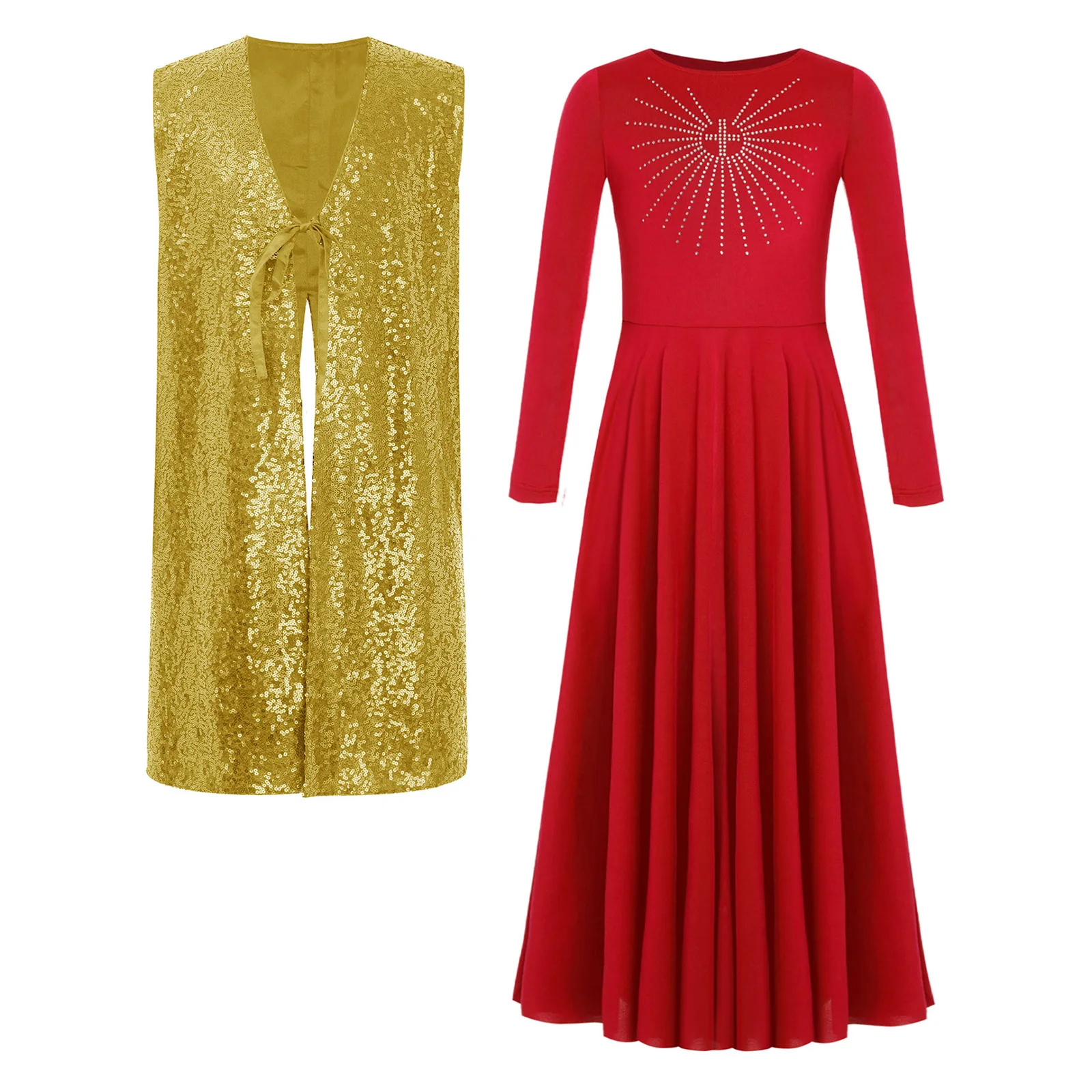 Abito da ballo lirico per bambine e ragazze, con apertura sul davanti, annodato, senza maniche, con paillettes lucide, tunica con maxi abito a maniche lunghe