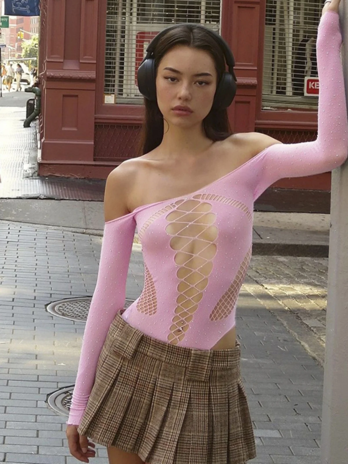 Y2K Sexy adelgazante ahueca hacia fuera el diamante un hombro largo Sve Top Street Sle cintura alta pantalones ortopédicos exclusivos en línea