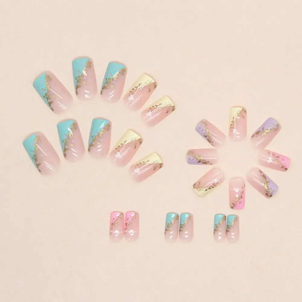 Fashion Long Square False Nails Black Flowers Rainbow French Fake Nials Cute Bear Aurora Wavy Nail Tips Women Girls