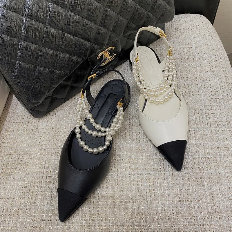 Pearl Chain Bag Head Sandals Women's Summer New Pointed French Celebrity Versatile Flats view 3
