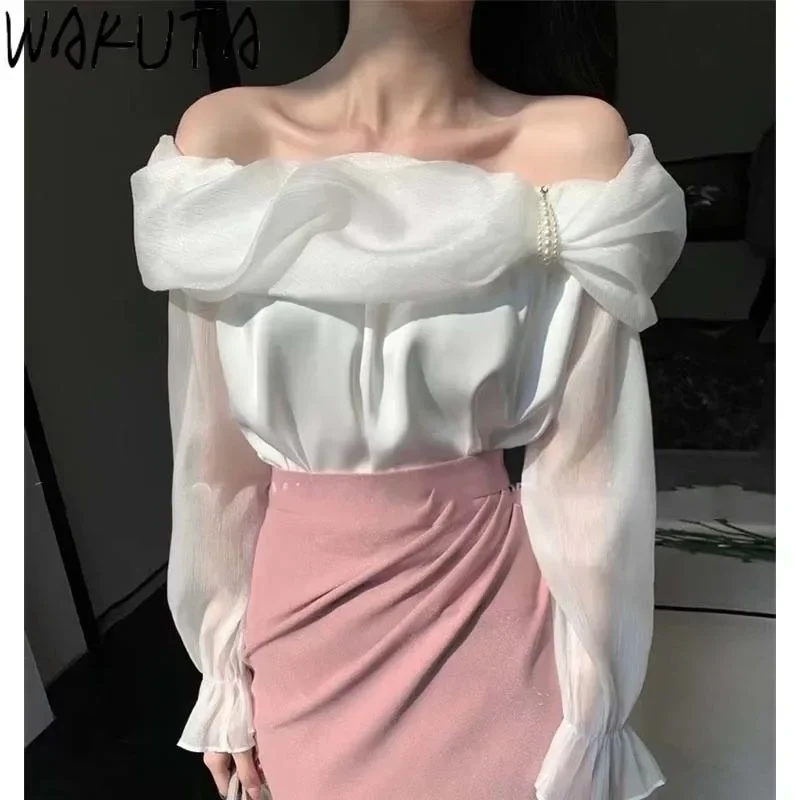 Wakuta off shoulder sweet transparant dames blouses elegante sexy lange mouw strik slash nek effen vrouwelijke mode Koreaanse tops