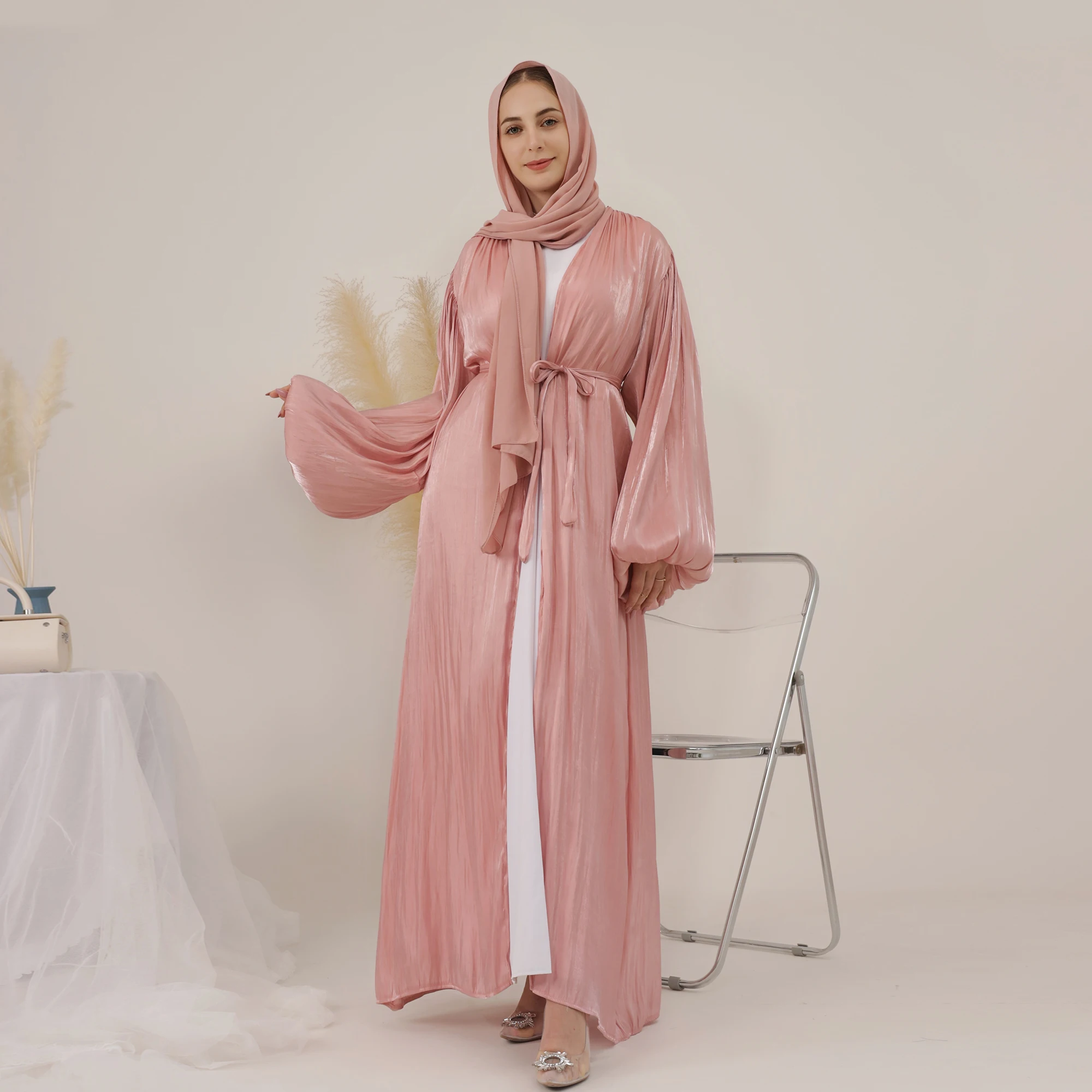 2024 Eid Djellaba Abaya Dubai Shiny Soft Cuff Sleeves Muslim Dress Silky Kimono Dubai Turkey Muslim Dress Islam Abayas With Belt