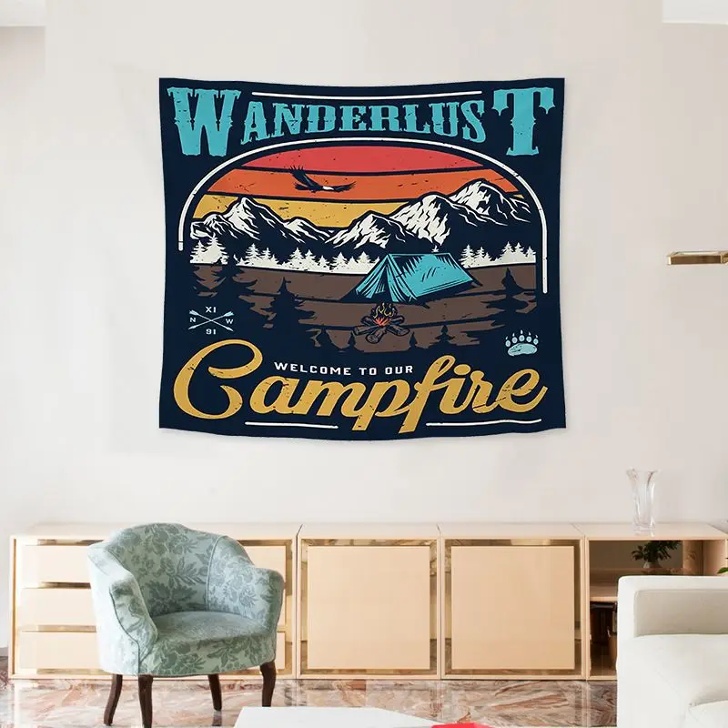 VIKAMA Camping Campfire Wanderlust Wall Tapestry Navy Background Mountain Tent Eagle Outdoor Adventure Retro Vintage Decor Cozy